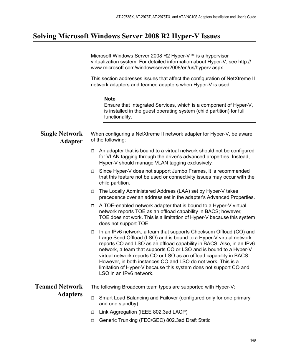 Single network adapter, Teamed network adapters, Single network adapter teamed network adapters | Allied Telesis NetExtreme II Adapters User Manual | Page 149 / 178