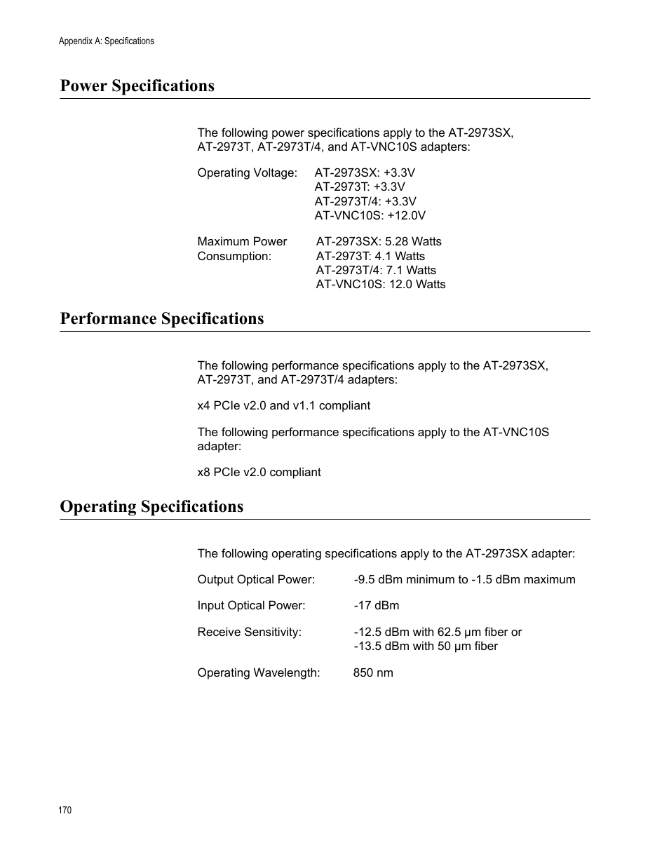 Power specifications, Performance specifications, Operating specifications | Allied Telesis NetExtreme II Adapters User Manual | Page 170 / 178