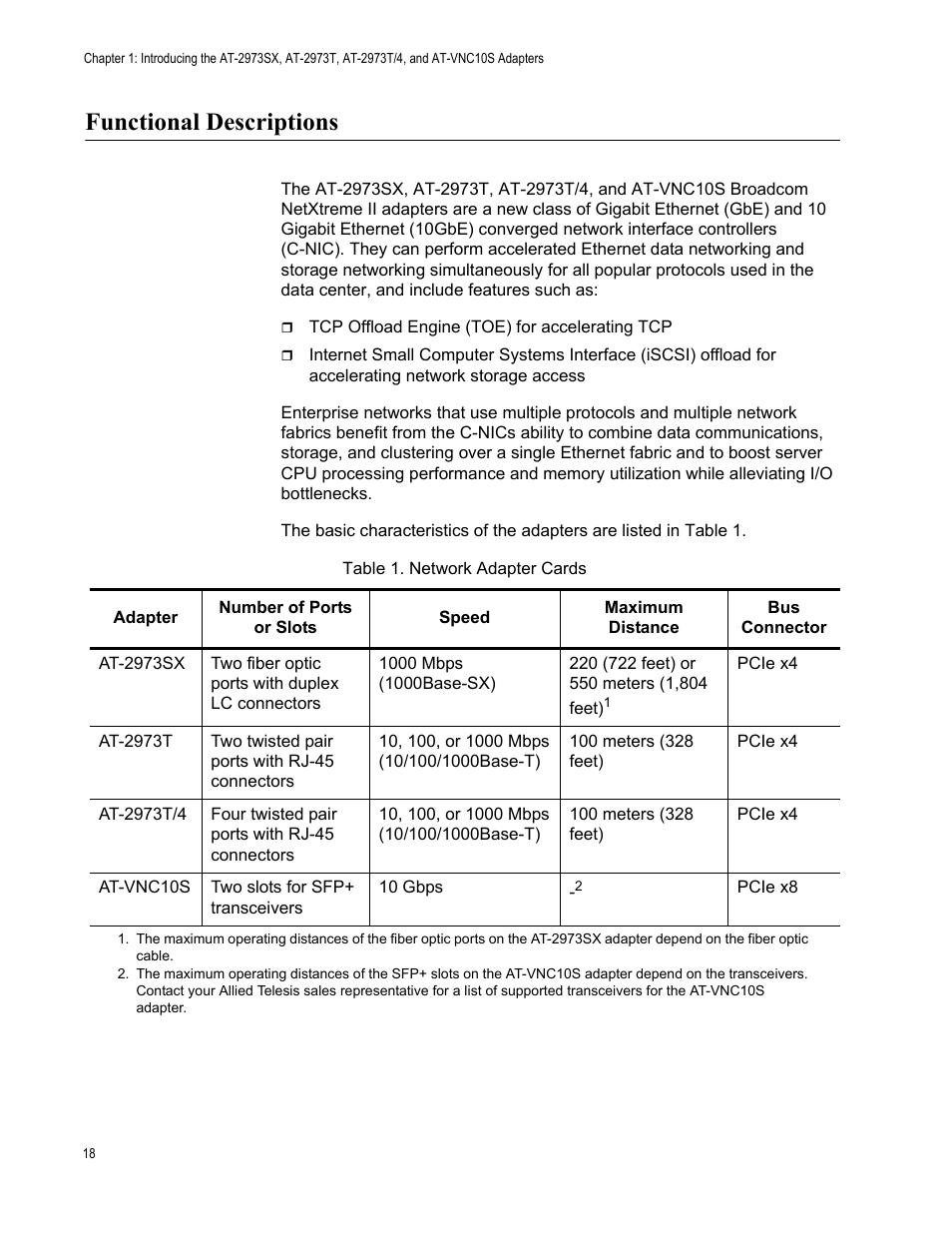Functional descriptions, Table 1: network adapter cards | Allied Telesis NetExtreme II Adapters User Manual | Page 18 / 178