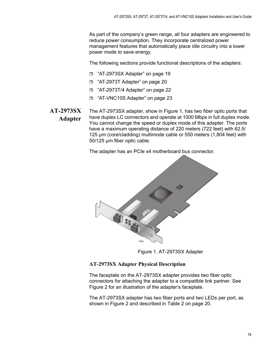 At-2973sx adapter, Figure 1. at-2973sx adapter, At-2973sx adapter physical description | Allied Telesis NetExtreme II Adapters User Manual | Page 19 / 178