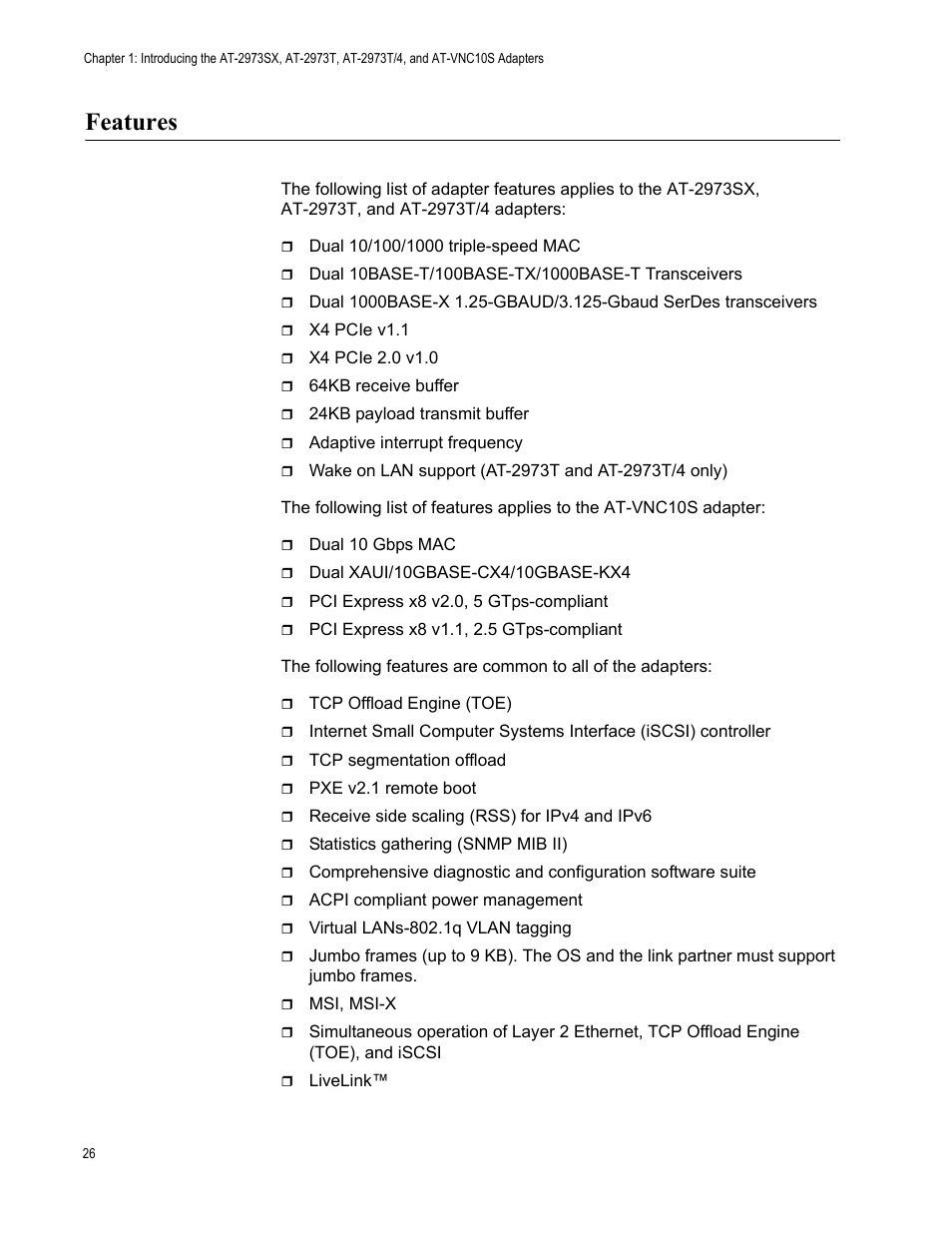 Features | Allied Telesis NetExtreme II Adapters User Manual | Page 26 / 178