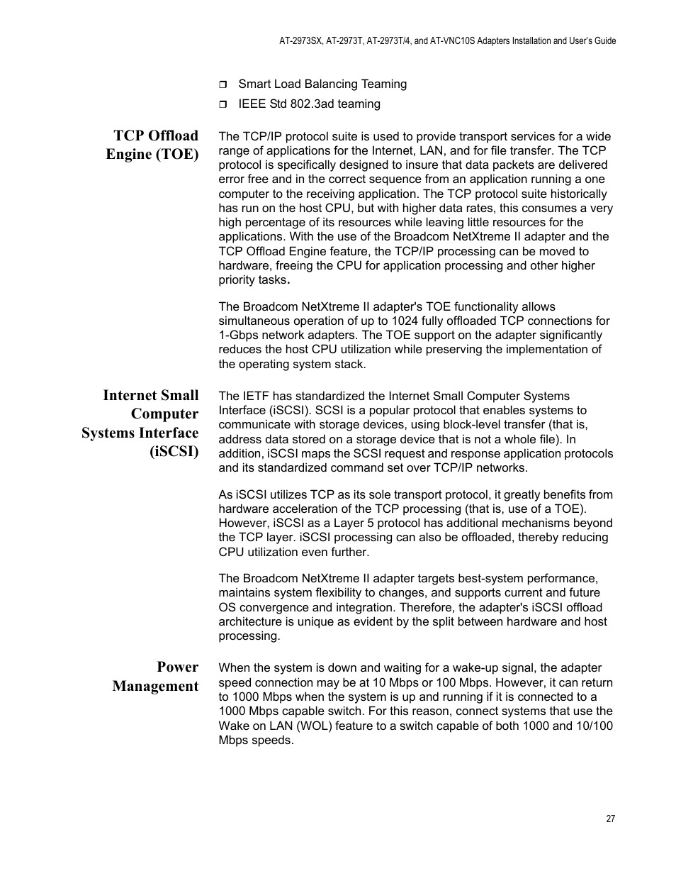 Tcp offload engine (toe), Internet small computer systems interface (iscsi), Power management | Allied Telesis NetExtreme II Adapters User Manual | Page 27 / 178