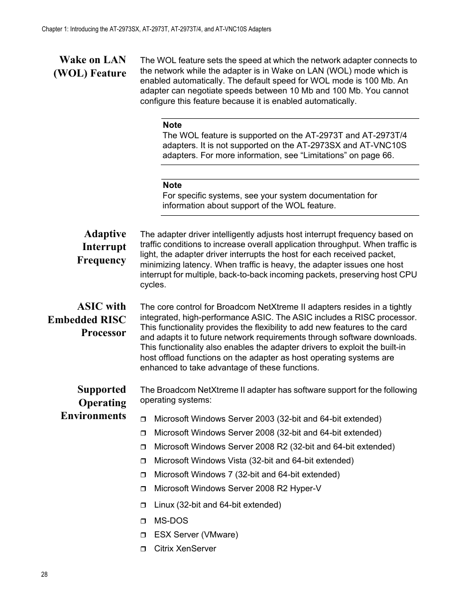 Wake on lan (wol) feature, Adaptive interrupt frequency, Asic with embedded risc processor | Supported operating environments | Allied Telesis NetExtreme II Adapters User Manual | Page 28 / 178