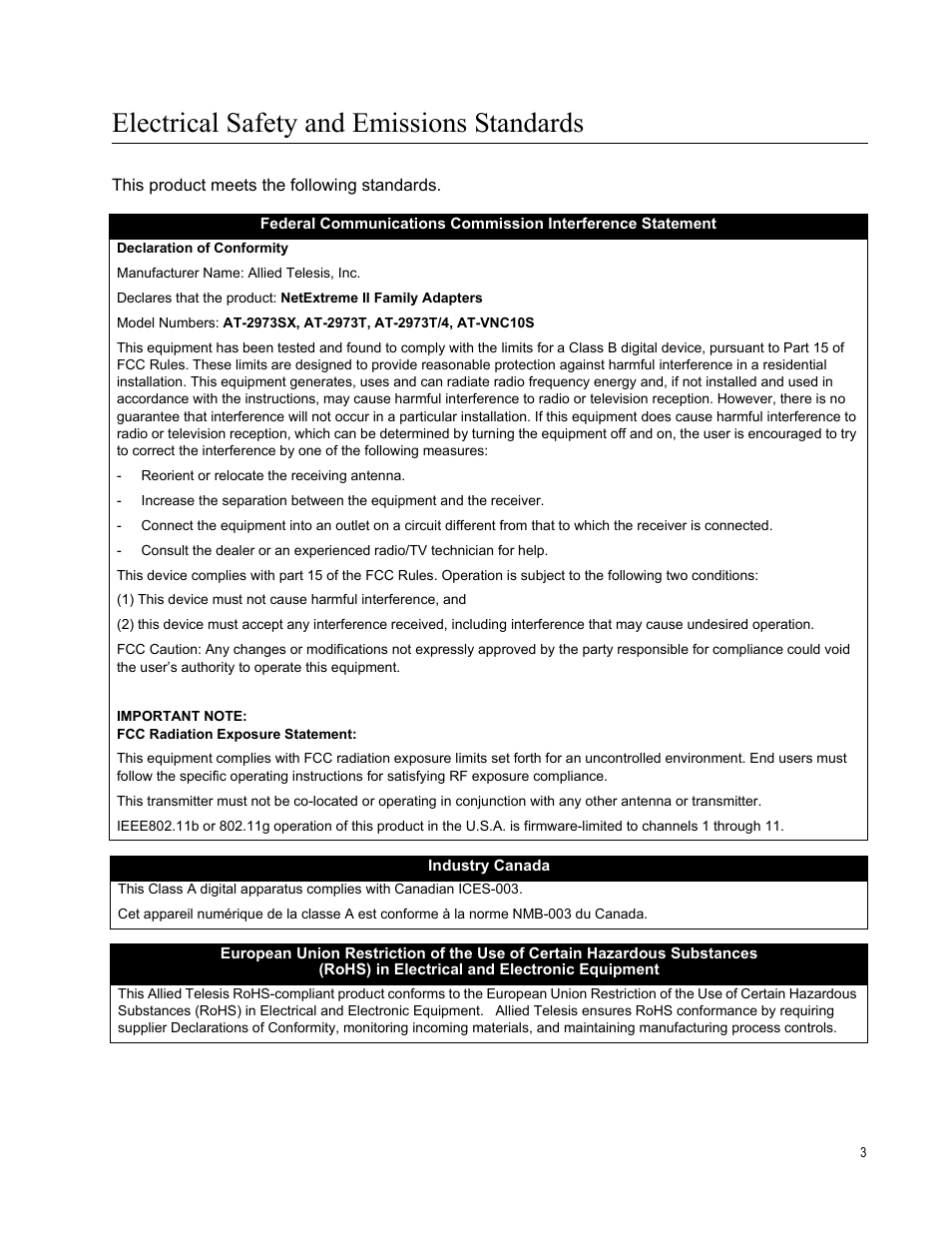 Electrical safety and emissions standards | Allied Telesis NetExtreme II Adapters User Manual | Page 3 / 178