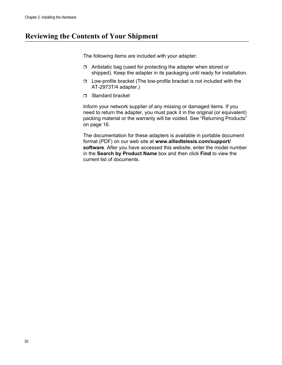 Reviewing the contents of your shipment | Allied Telesis NetExtreme II Adapters User Manual | Page 30 / 178