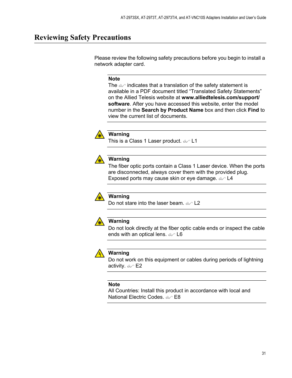 Reviewing safety precautions | Allied Telesis NetExtreme II Adapters User Manual | Page 31 / 178