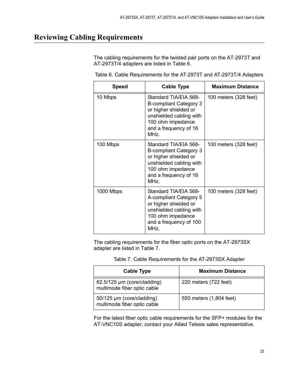 Reviewing cabling requirements | Allied Telesis NetExtreme II Adapters User Manual | Page 33 / 178