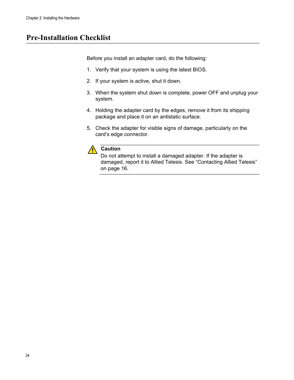 Pre-installation checklist | Allied Telesis NetExtreme II Adapters User Manual | Page 34 / 178