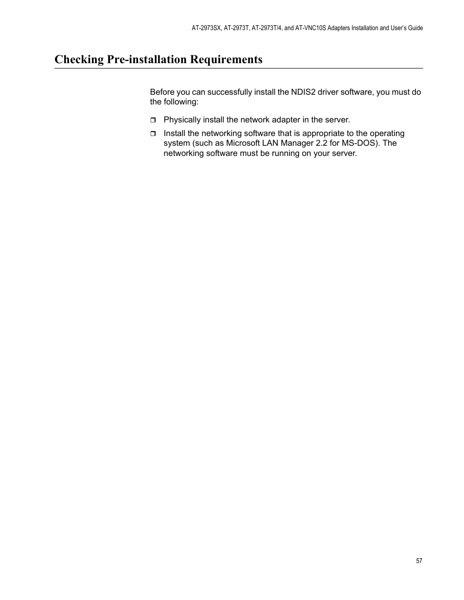 Checking pre-installation requirements | Allied Telesis NetExtreme II Adapters User Manual | Page 57 / 178