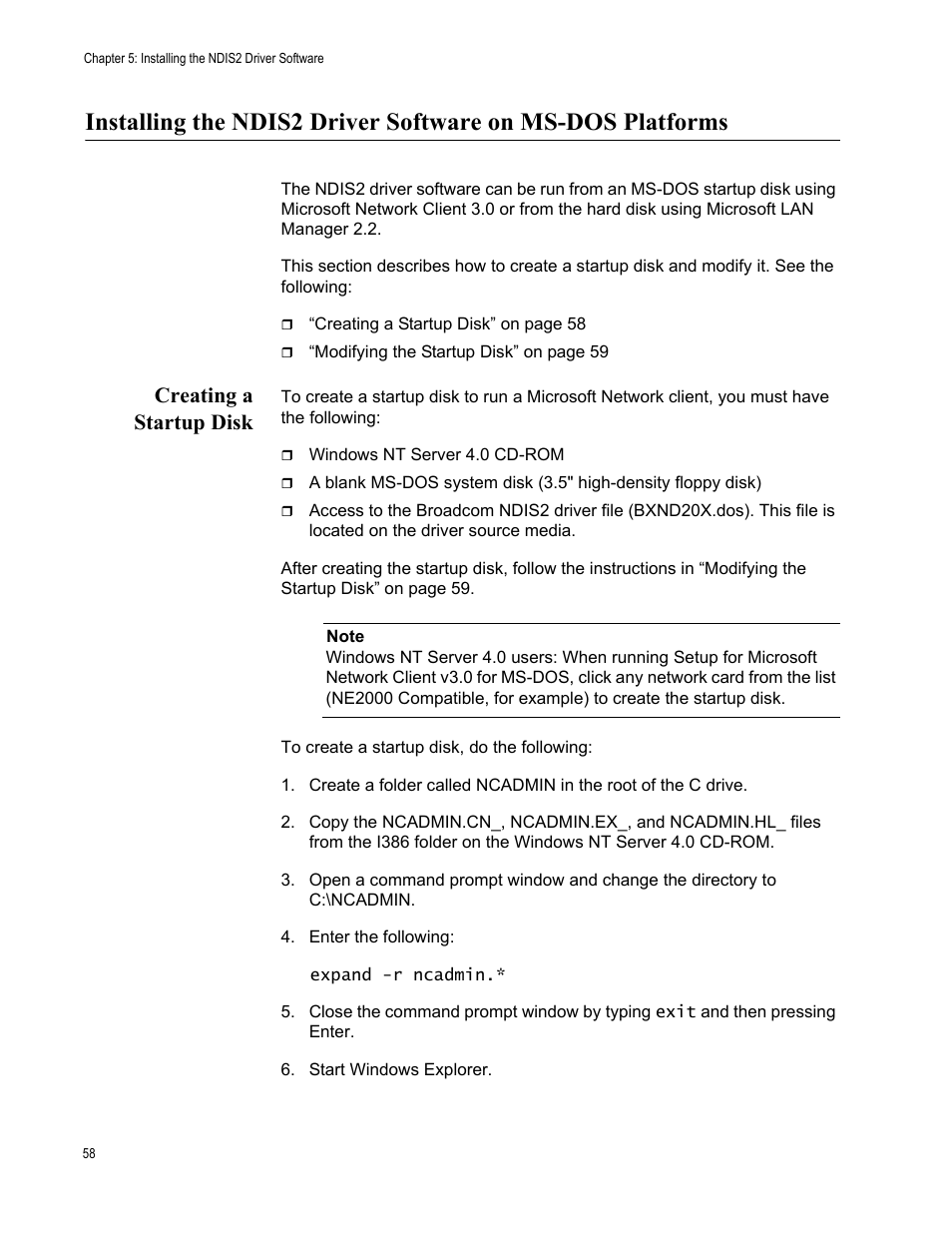Creating a startup disk | Allied Telesis NetExtreme II Adapters User Manual | Page 58 / 178