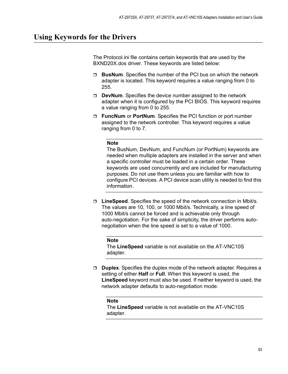 Using keywords for the drivers | Allied Telesis NetExtreme II Adapters User Manual | Page 63 / 178