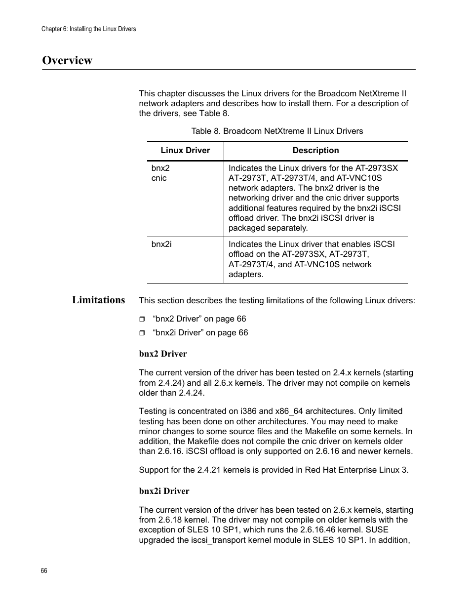 Overview, Limitations, Table 8: broadcom netxtreme ii linux drivers | Allied Telesis NetExtreme II Adapters User Manual | Page 66 / 178