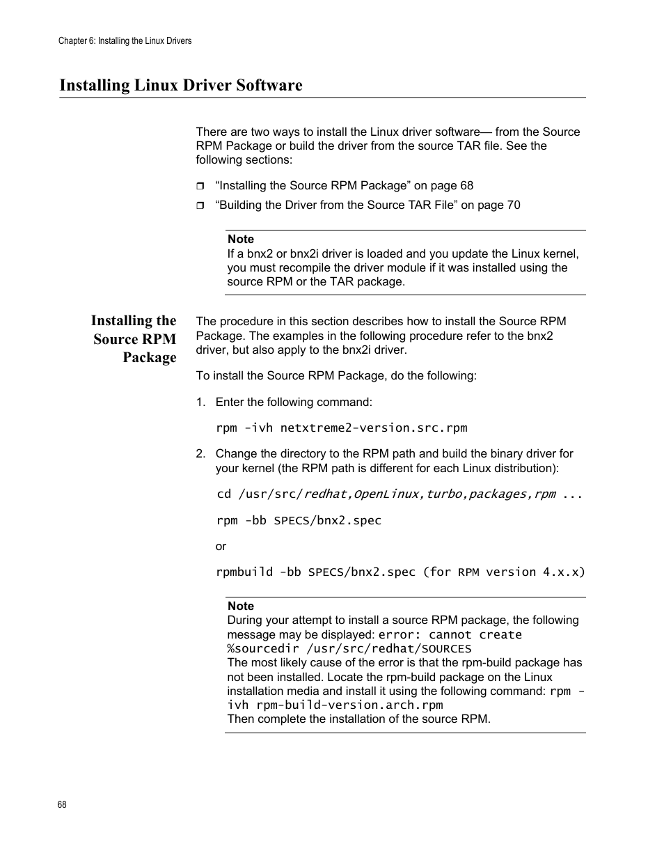 Installing linux driver software, Installing the source rpm package | Allied Telesis NetExtreme II Adapters User Manual | Page 68 / 178