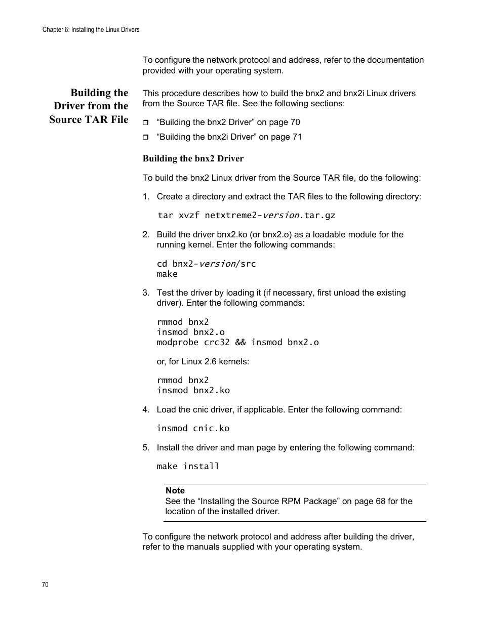 Building the driver from the source tar file | Allied Telesis NetExtreme II Adapters User Manual | Page 70 / 178