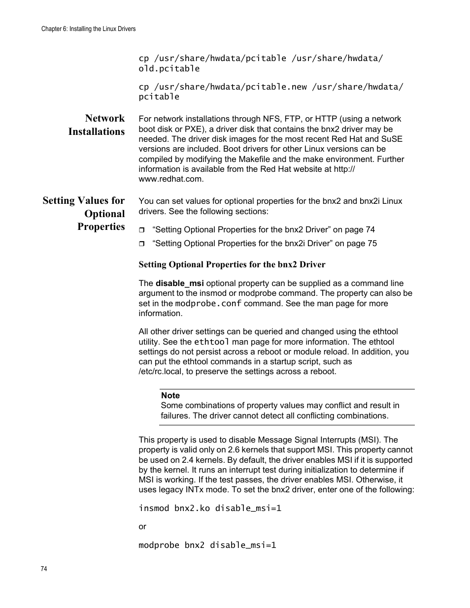 Network installations, Setting values for optional properties | Allied Telesis NetExtreme II Adapters User Manual | Page 74 / 178
