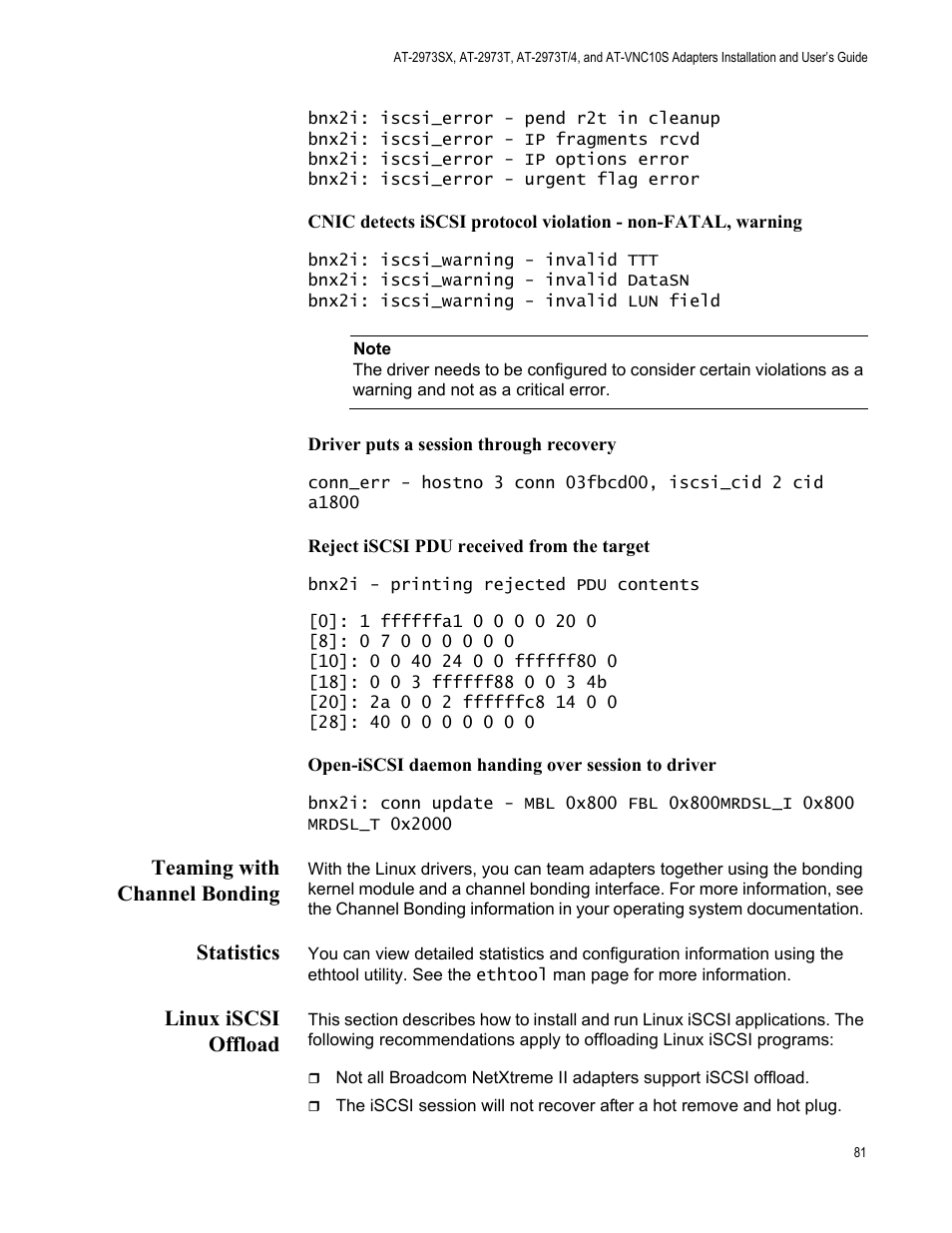 Teaming with channel bonding, Statistics, Linux iscsi offload | Allied Telesis NetExtreme II Adapters User Manual | Page 81 / 178
