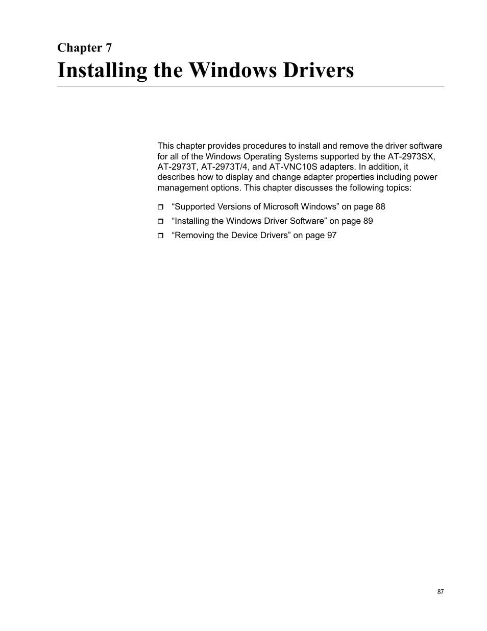 Chapter 7, Installing the windows drivers, R 7: installing the windows drivers | Allied Telesis NetExtreme II Adapters User Manual | Page 87 / 178