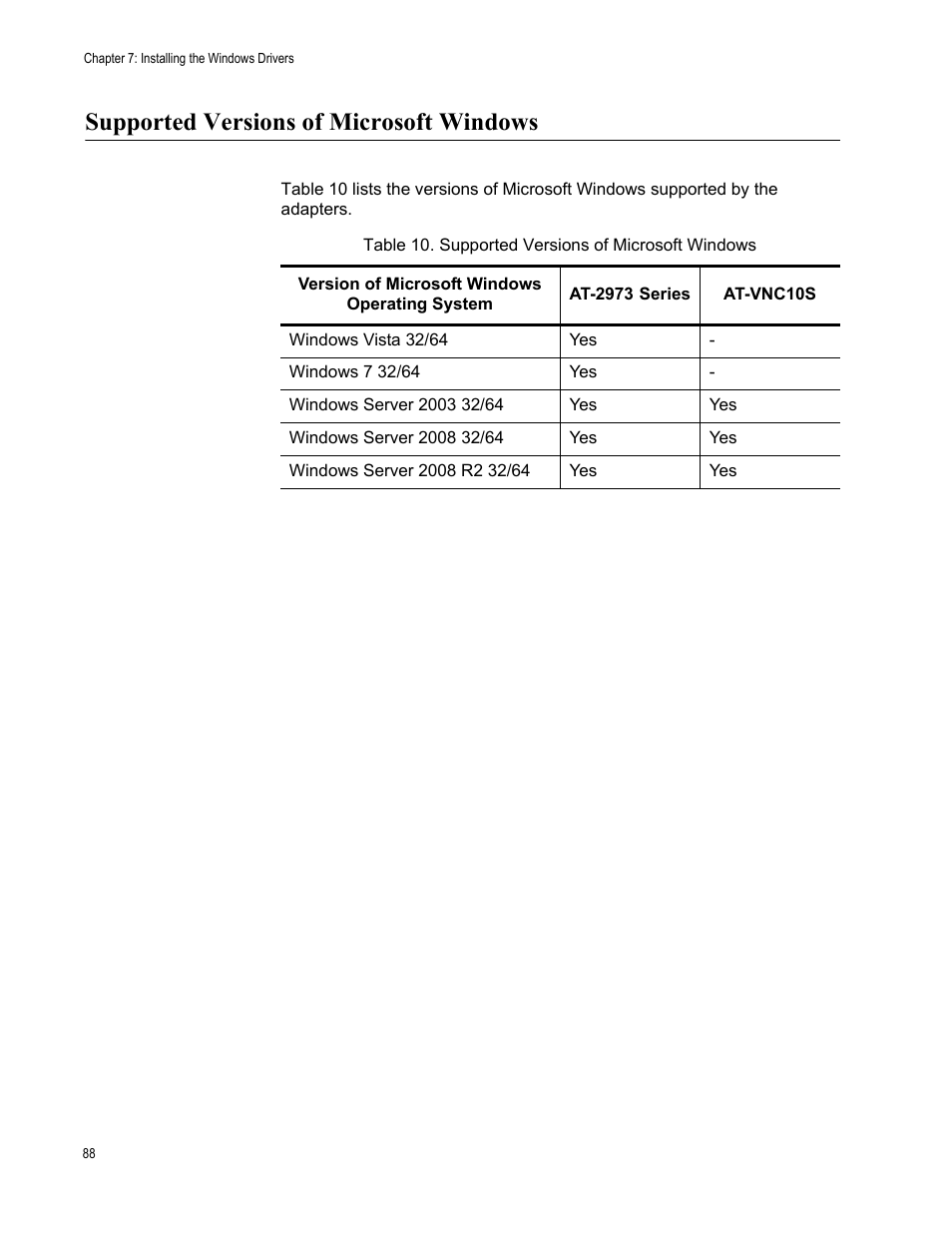 Supported versions of microsoft windows, Table 10: supported versions of microsoft windows | Allied Telesis NetExtreme II Adapters User Manual | Page 88 / 178