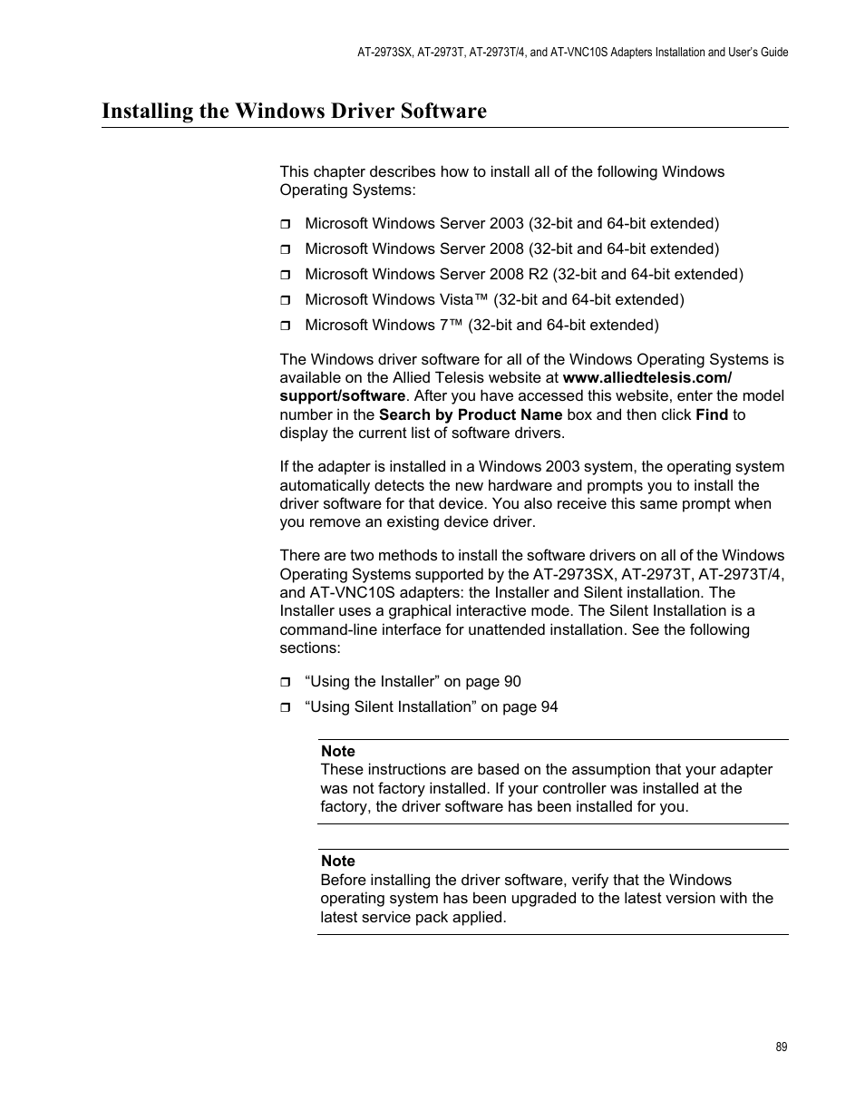 Installing the windows driver software | Allied Telesis NetExtreme II Adapters User Manual | Page 89 / 178