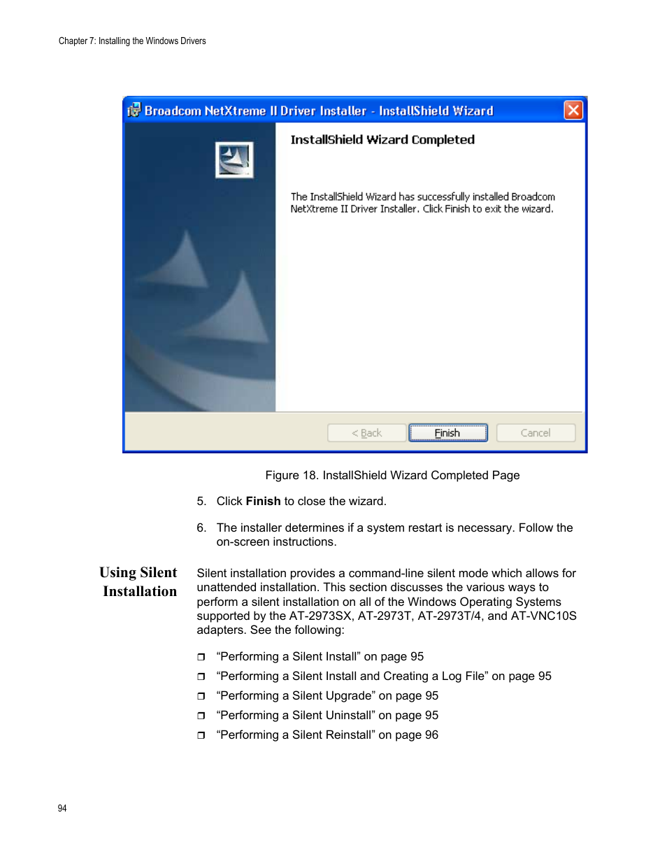 Using silent installation | Allied Telesis NetExtreme II Adapters User Manual | Page 94 / 178