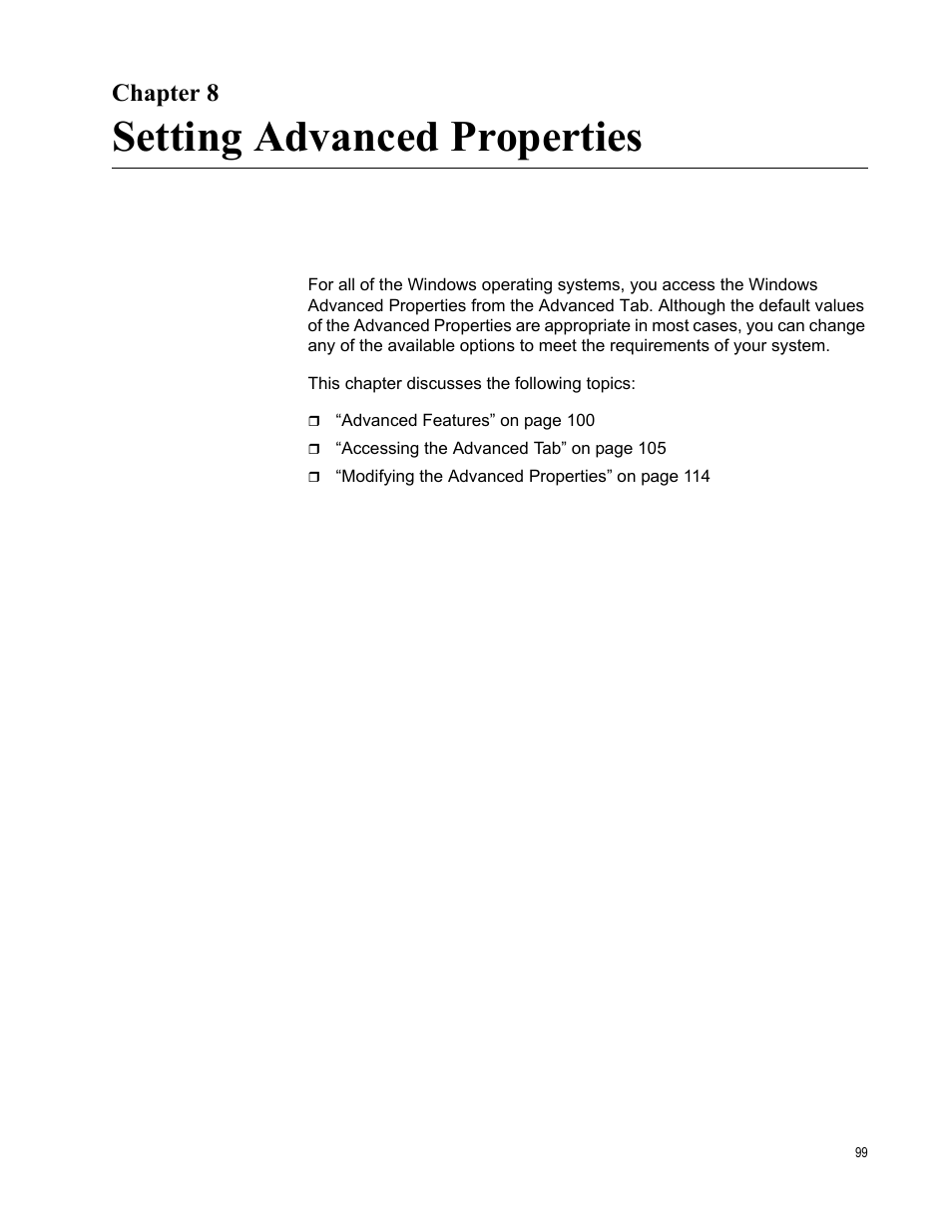 Chapter 8, Setting advanced properties, R 8: setting advanced properties | Allied Telesis NetExtreme II Adapters User Manual | Page 99 / 178