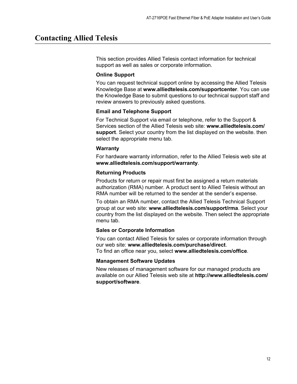 Contacting allied telesis | Allied Telesis AT-2716POE User Manual | Page 12 / 91