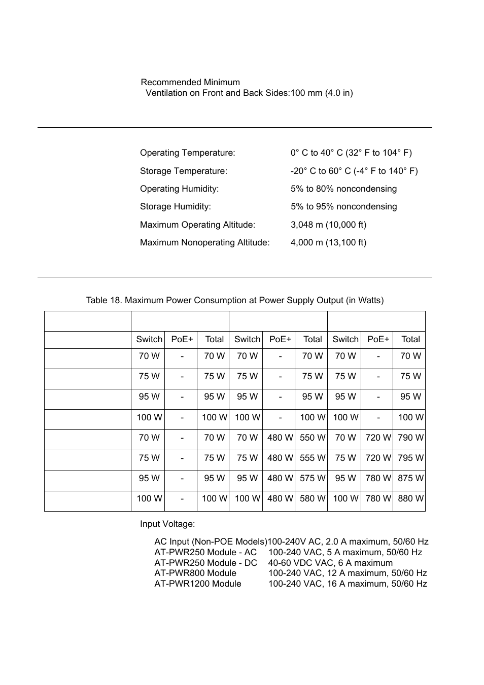 Environmental specifications, Power specifications, O “power | Allied Telesis x610 Series Layer 3 User Manual | Page 114 / 120