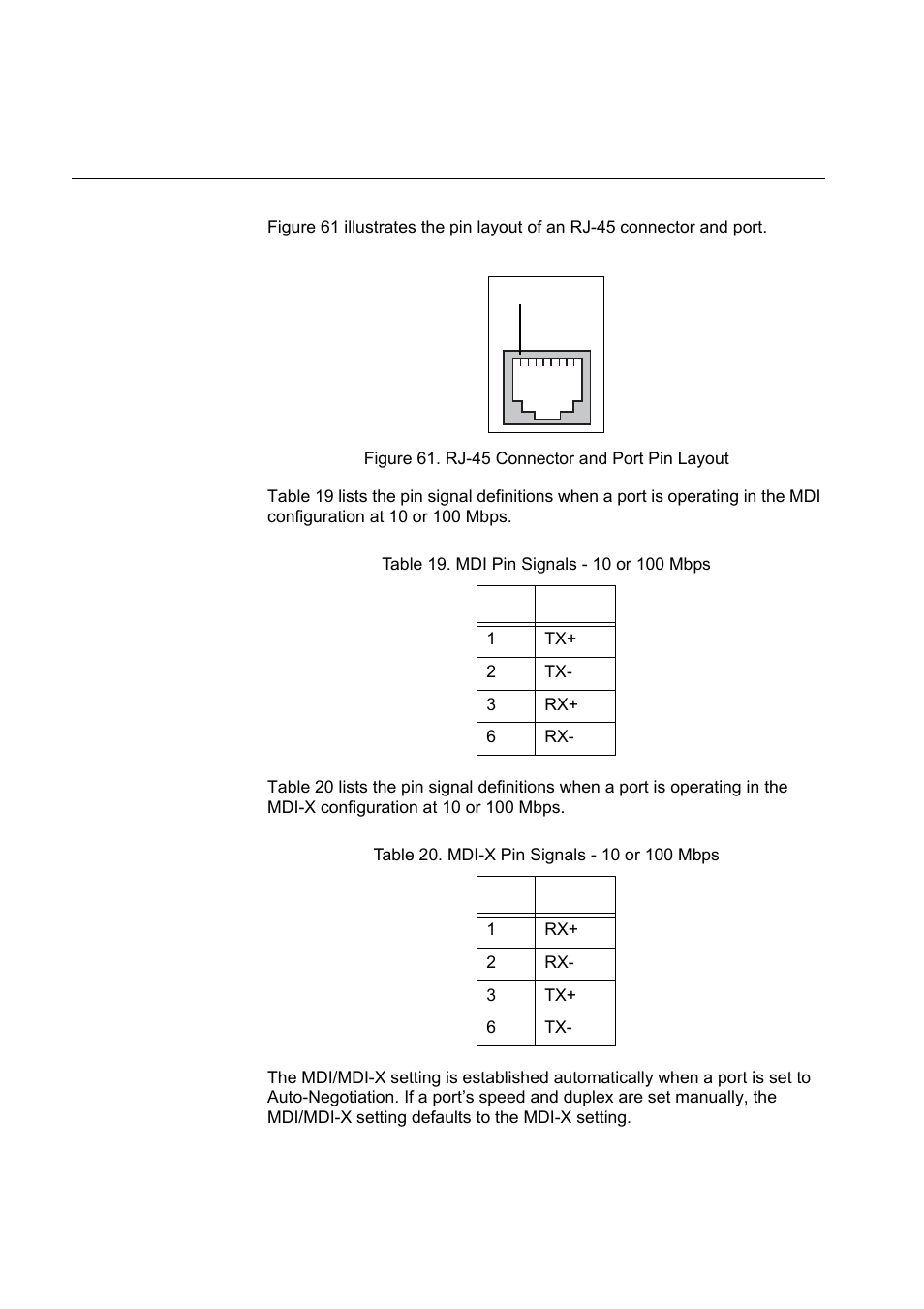 Rj-45 twisted pair port pinouts, Figure 61. rj-45 connector and port pin layout, Table 19. mdi pin signals - 10 or 100 mbps | Table 20. mdi-x pin signals - 10 or 100 mbps | Allied Telesis x610 Series Layer 3 User Manual | Page 116 / 120