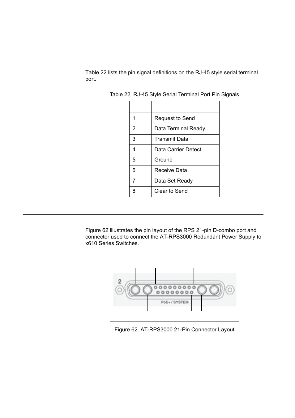 Rj-45 style serial terminal port pinouts, At-rps3000 21-pin connector pinouts, At-rps3000 21-pin connector layout | Allied Telesis x610 Series Layer 3 User Manual | Page 118 / 120