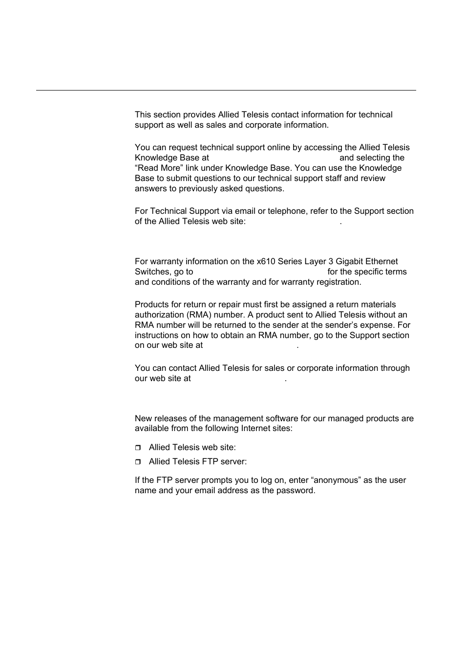 Contacting allied telesis, Online support, Email and telephone support | Warranty, Returning products, Sales or corporate information, Management software updates | Allied Telesis x610 Series Layer 3 User Manual | Page 18 / 120