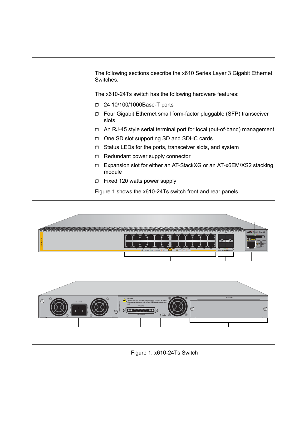 Switch descriptions, X610-24ts switch, Figure 1. x610-24ts switch | One sd slot supporting sd and sdhc cards, Redundant power supply connector, L/a class 1 laser product, Sd slot rj-45 console port | Allied Telesis x610 Series Layer 3 User Manual | Page 21 / 120