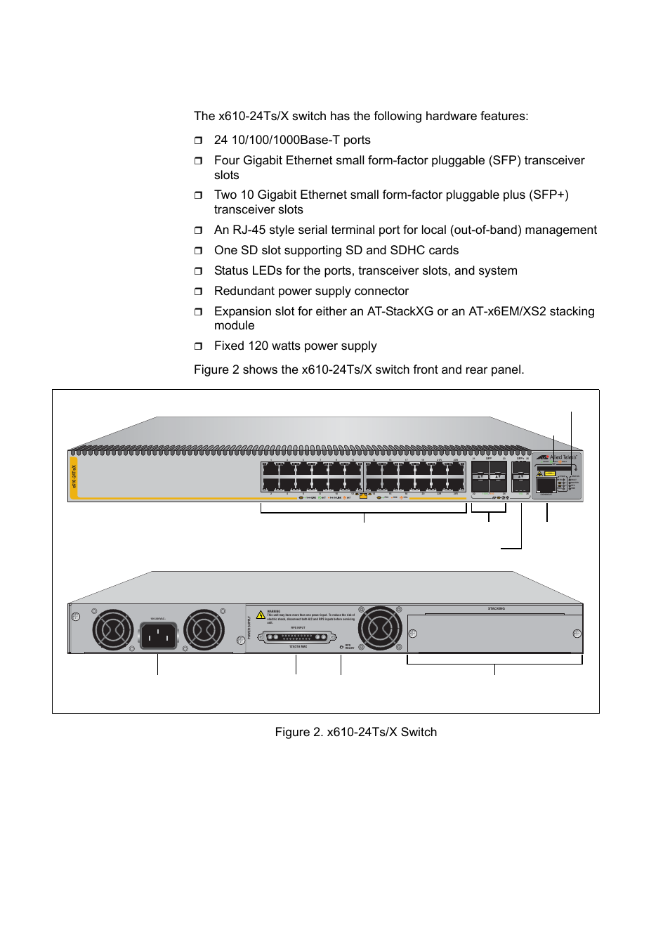 X610-24ts/x switch, Figure 2. x610-24ts/x switch, One sd slot supporting sd and sdhc cards | Redundant power supply connector, Chapter 1: overview 22, L/a class 1 laser product, Rj-45 console port | Allied Telesis x610 Series Layer 3 User Manual | Page 22 / 120