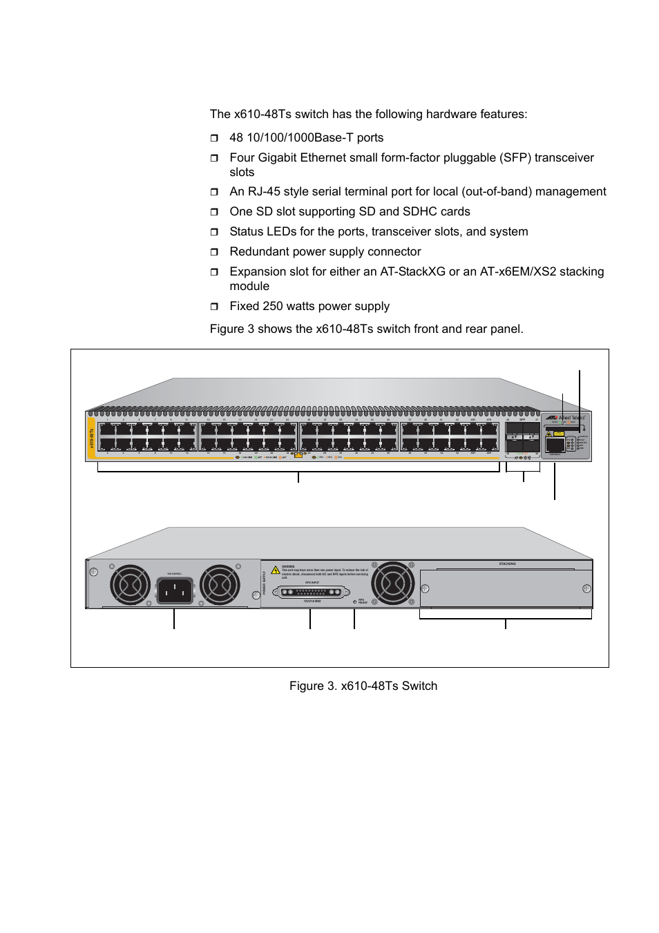 X610-48ts switch, Figure 3. x610-48ts switch, One sd slot supporting sd and sdhc cards | Redundant power supply connector, L/a class 1 laser product | Allied Telesis x610 Series Layer 3 User Manual | Page 23 / 120