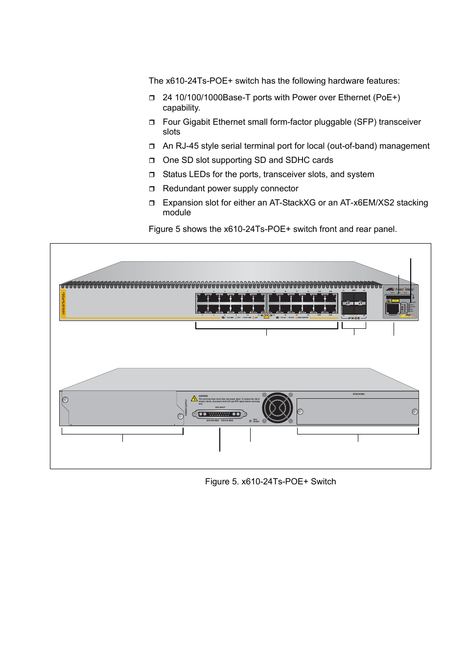 X610-24ts-poe+ switch, Figure 5. x610-24ts-poe+ switch, One sd slot supporting sd and sdhc cards | Redundant power supply connector, L/a class 1 laser product, Rj-45 console port, Power supply slot with blank panel | Allied Telesis x610 Series Layer 3 User Manual | Page 25 / 120