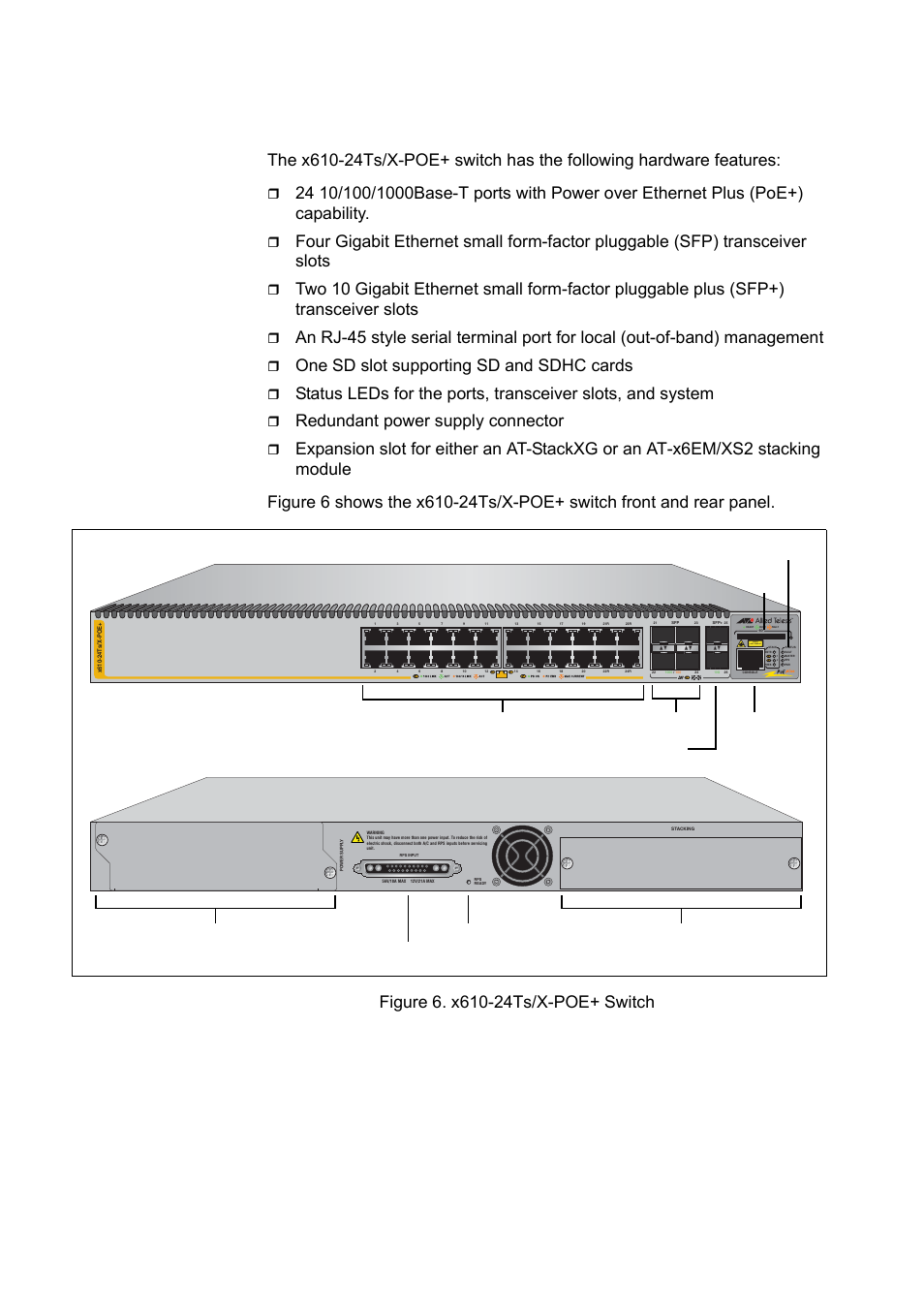 X610-24ts/x- poe+ switch, X610-24ts/x-poe+ switch, Figure 6. x610-24ts/x-poe+ switch | One sd slot supporting sd and sdhc cards, Redundant power supply connector, Chapter 1: overview 26, L/a class 1 laser product, Rj-45 console port | Allied Telesis x610 Series Layer 3 User Manual | Page 26 / 120