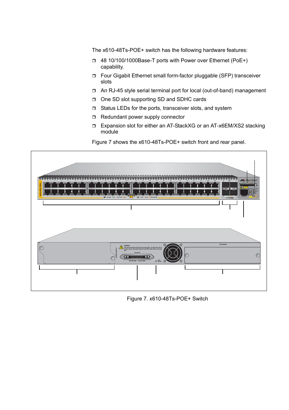 X610-48ts-poe+ switch, Figure 7. x610-48ts-poe+ switch, One sd slot supporting sd and sdhc cards | Redundant power supply connector, L/a class 1 laser product, Power supply slot with blank panel | Allied Telesis x610 Series Layer 3 User Manual | Page 27 / 120