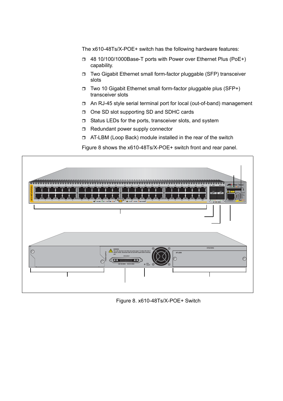 X610-48ts/x- poe+ switch, X610-48ts/x-poe+ switch, Figure 8. x610-48ts/x-poe+ switch | One sd slot supporting sd and sdhc cards, Redundant power supply connector, Chapter 1: overview 28, L/a class 1 laser product | Allied Telesis x610 Series Layer 3 User Manual | Page 28 / 120