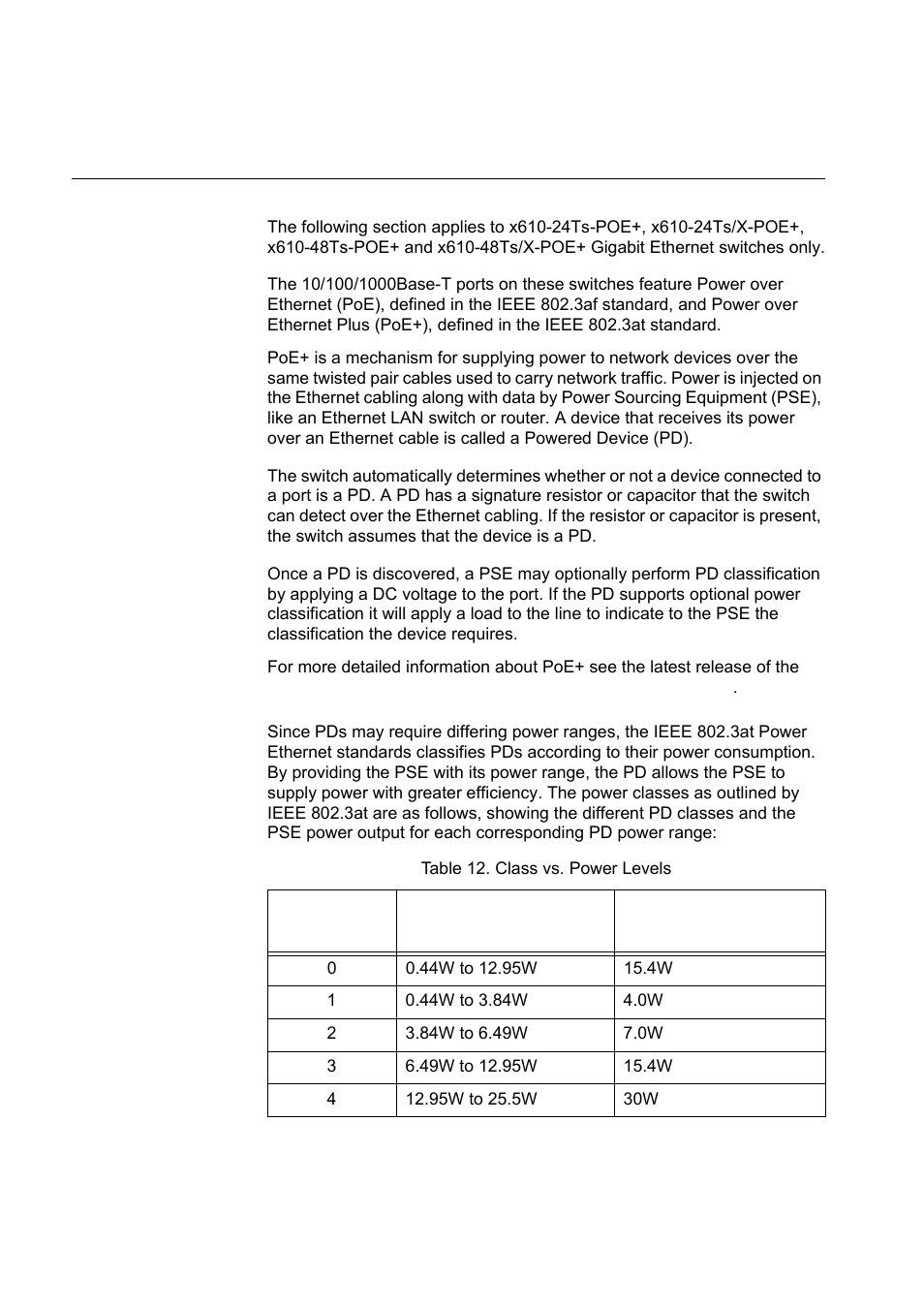 Power over ethernet plus (poe+), Power classes, Table 12. class vs. power levels | Allied Telesis x610 Series Layer 3 User Manual | Page 54 / 120