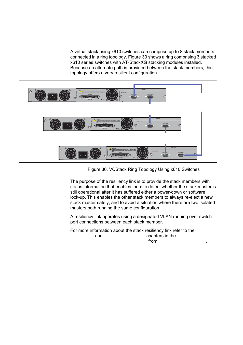 Resiliency link, Ring configuration, Chapter 2: virtual chassis stacking 60 | Allied Telesis x610 Series Layer 3 User Manual | Page 60 / 120