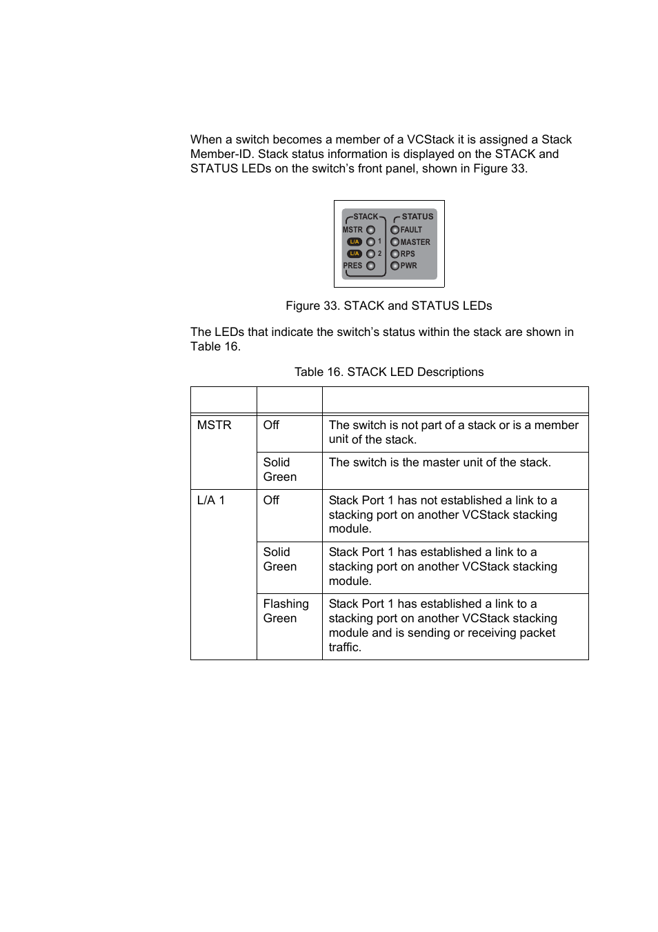 Figure 34. power cord retaining clip, Table 16. stack led descriptions | Allied Telesis x610 Series Layer 3 User Manual | Page 64 / 120