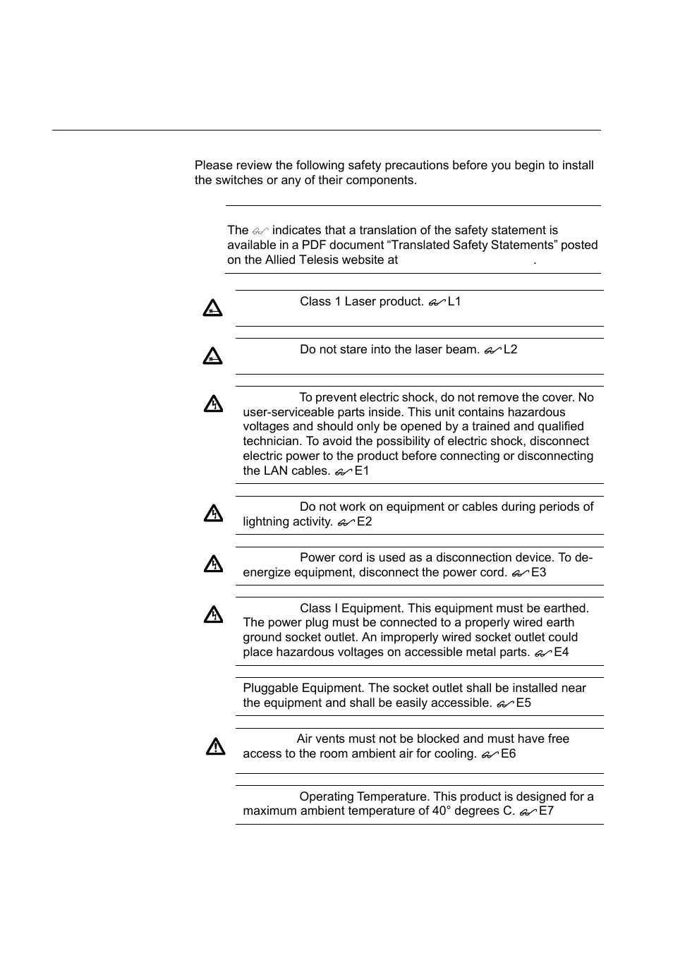 Reviewing safety precautions | Allied Telesis x610 Series Layer 3 User Manual | Page 72 / 120