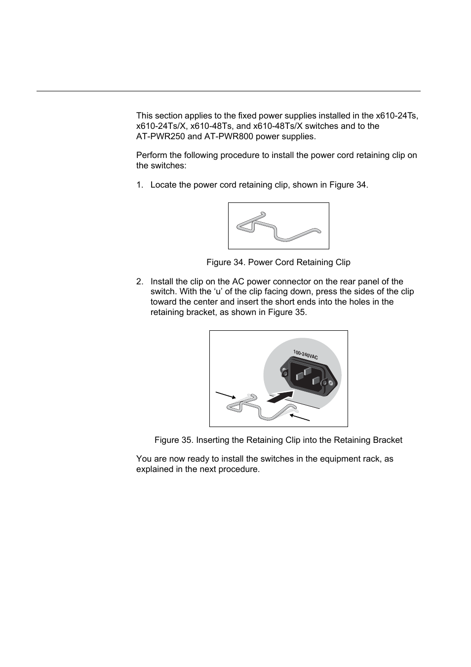 Installing the power cord retaining clip, Figure 36. removing the feet | Allied Telesis x610 Series Layer 3 User Manual | Page 76 / 120