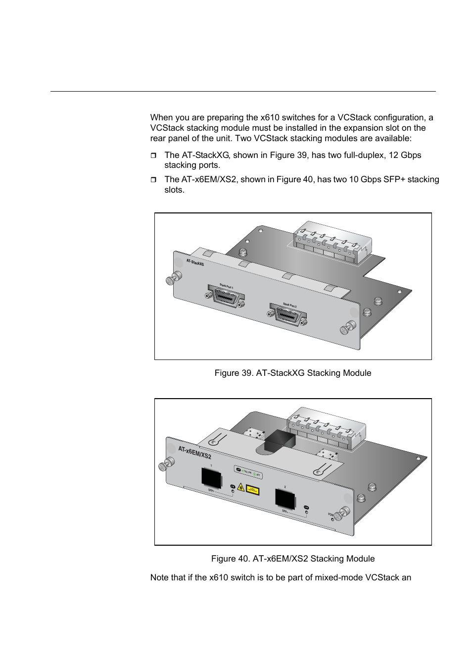 Vcstack stacking module installation, Overview, Figure 40. at-x6em/xs2 stacking module | Allied Telesis x610 Series Layer 3 User Manual | Page 79 / 120