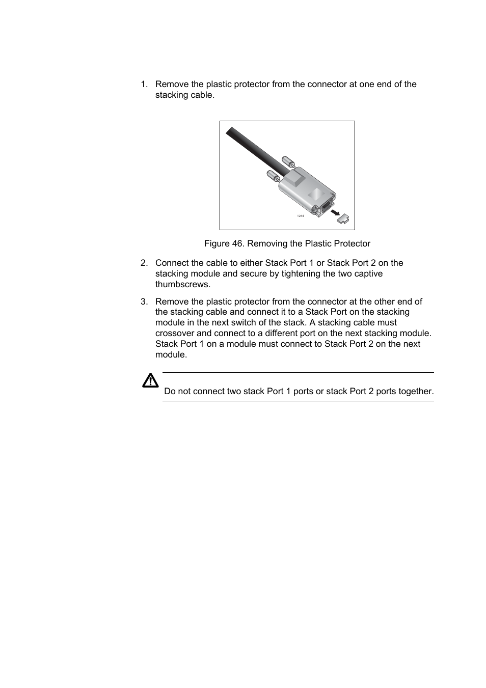 Cabling an atstackxg stacking module, Cabling an at-stackxg stacking module, Figure 47. removing a dust plug from a sfp+ slot | Allied Telesis x610 Series Layer 3 User Manual | Page 84 / 120