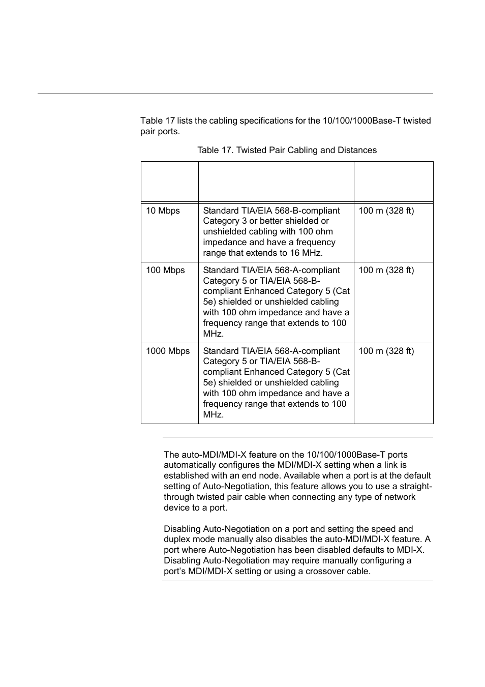 Twisted pair and fiber optic specifications, Twisted pair cable specifications, Table 17. twisted pair cabling and distances | Allied Telesis x610 Series Layer 3 User Manual | Page 90 / 120
