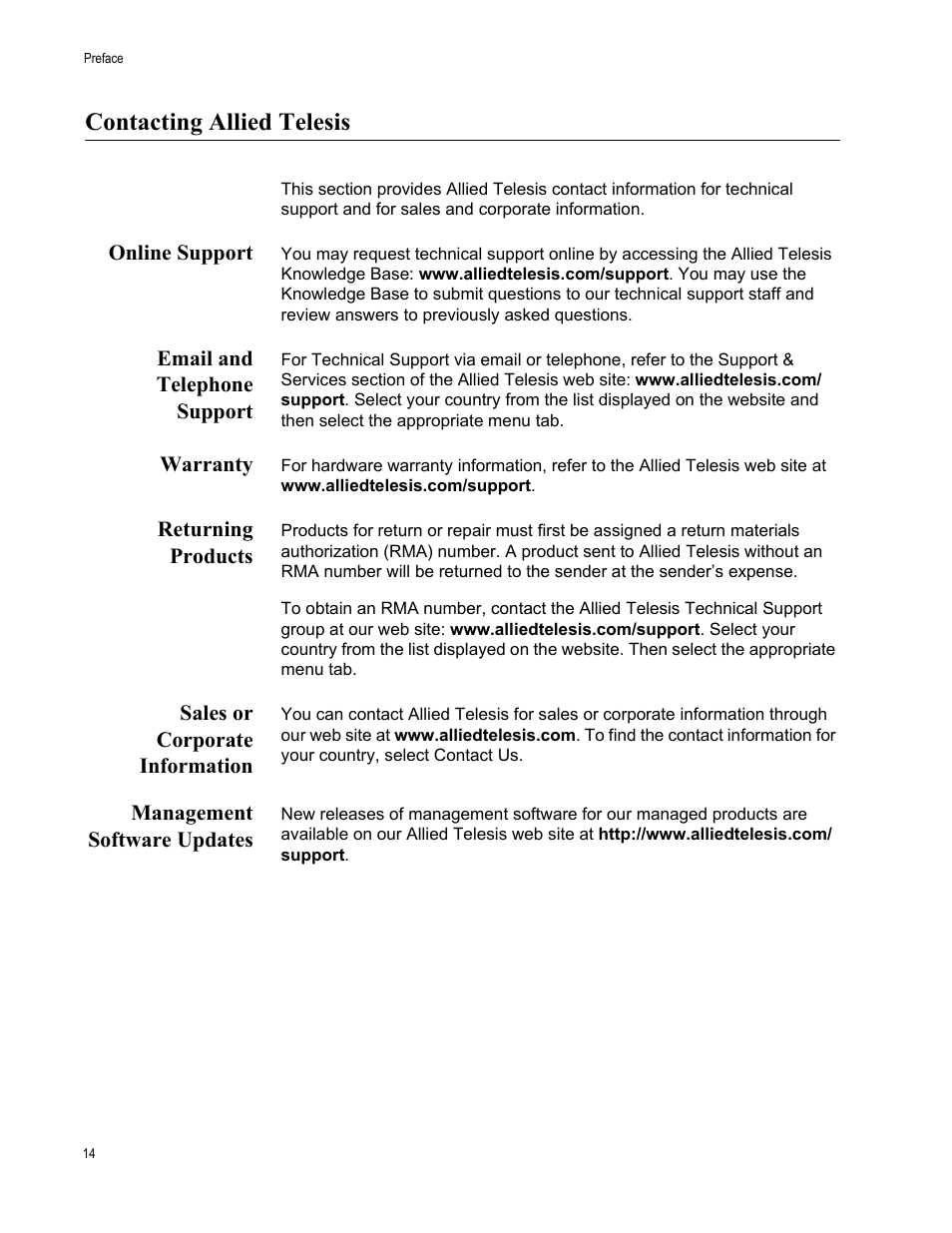Contacting allied telesis, Online support, Email and telephone support | Warranty, Returning products, Sales or corporate information, Management software updates | Allied Telesis AT-RPS3000 User Manual | Page 14 / 92