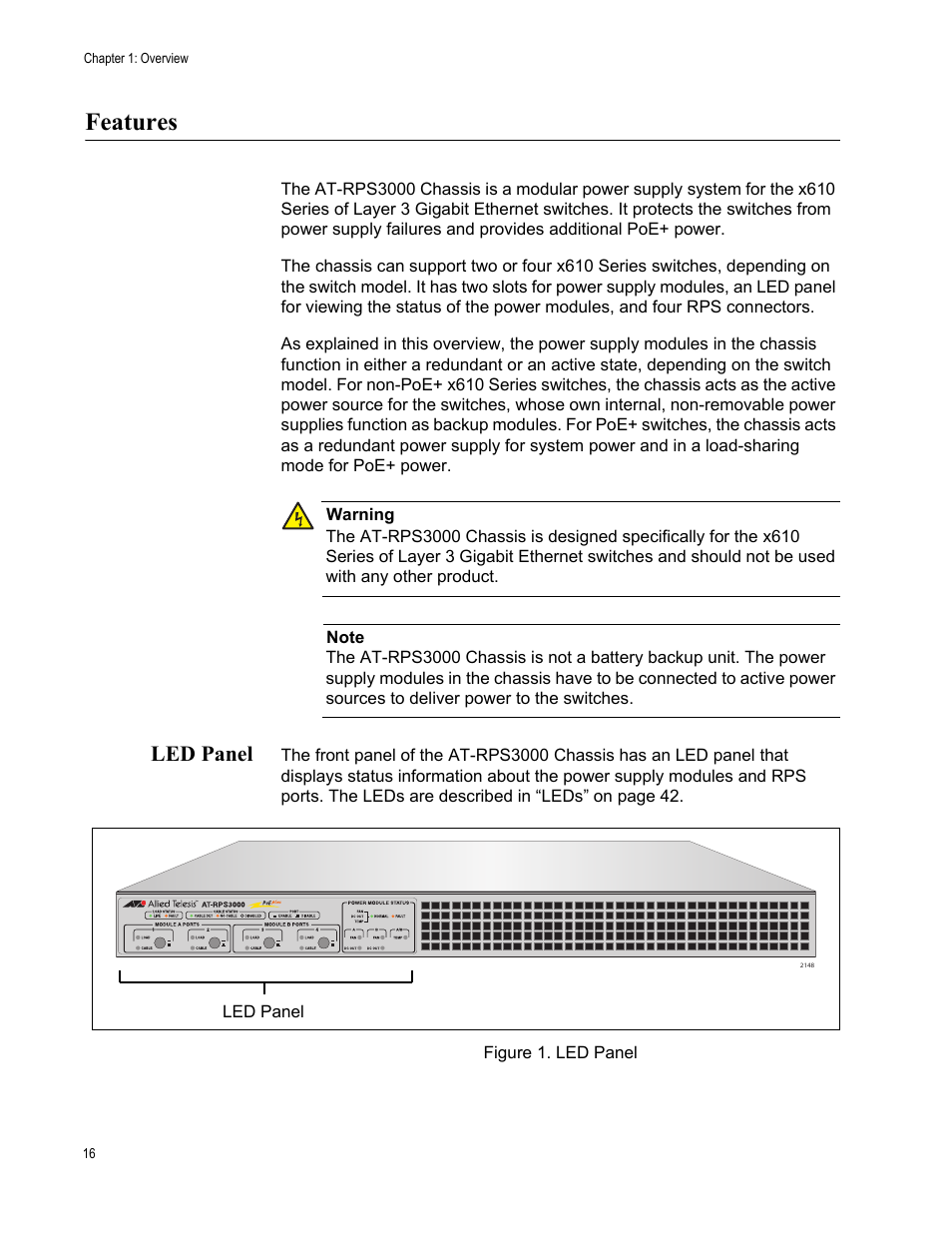 Features, Led panel, Figure 1: led panel | Allied Telesis AT-RPS3000 User Manual | Page 16 / 92