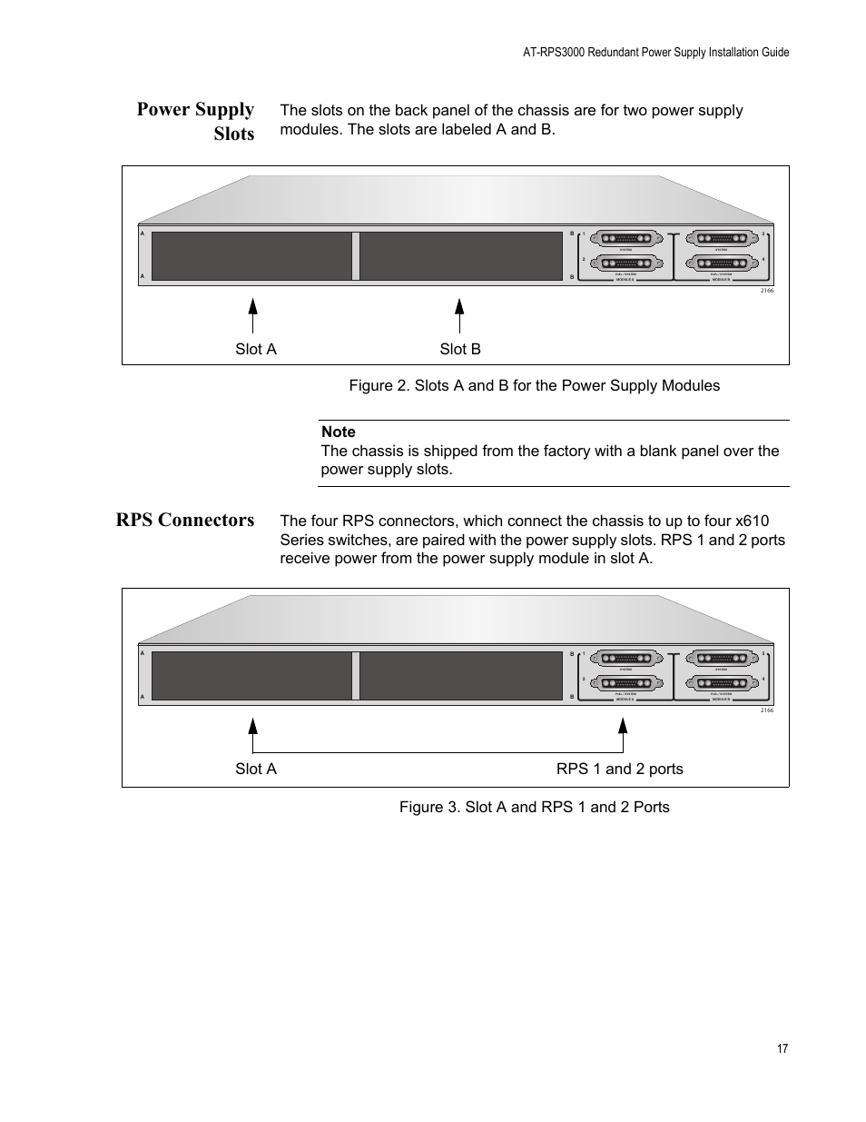 Power supply slots, Rps connectors, Power supply slots rps connectors | Slot a rps 1 and 2 ports | Allied Telesis AT-RPS3000 User Manual | Page 17 / 92