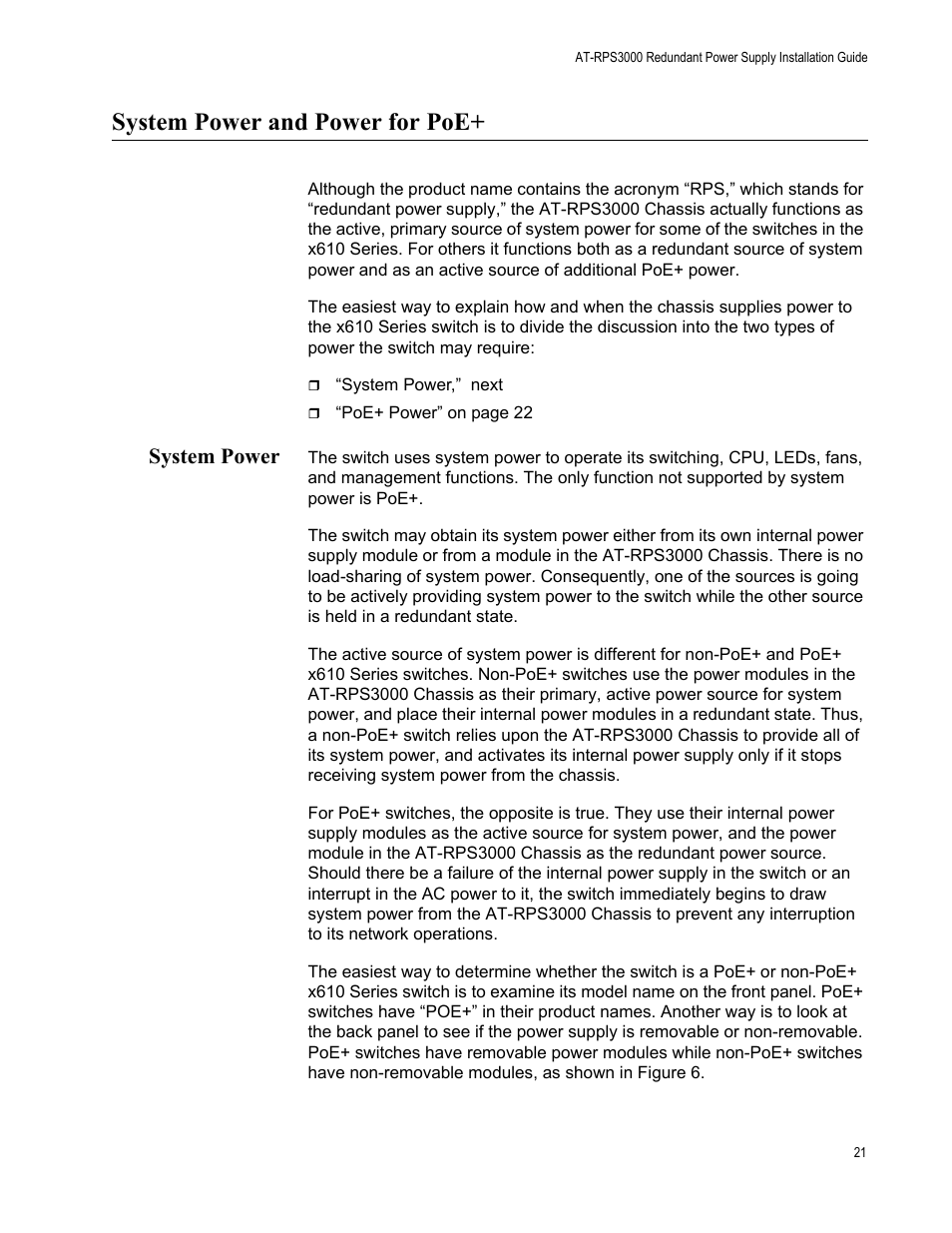 System power and power for poe, System power | Allied Telesis AT-RPS3000 User Manual | Page 21 / 92