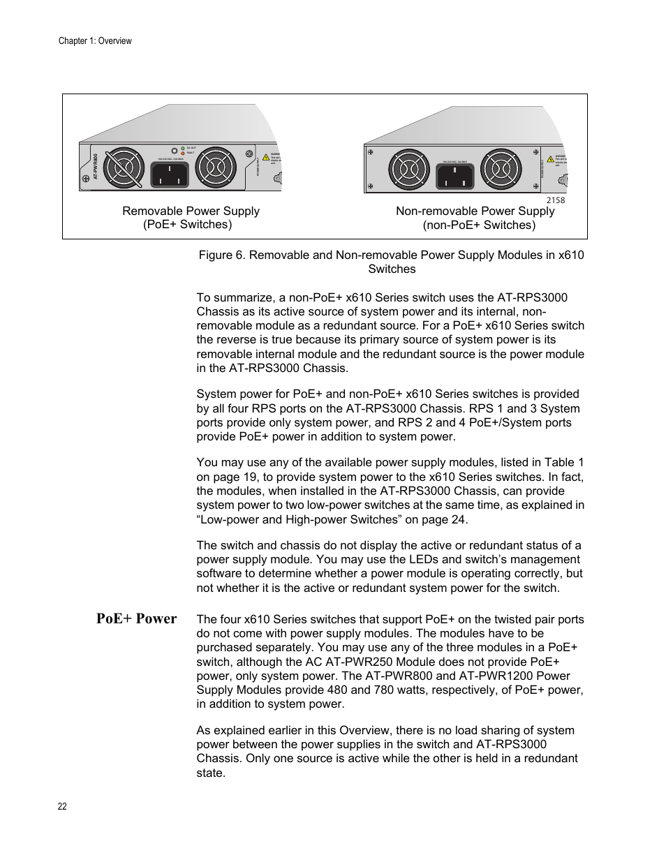 Poe+ power, Chapter 1: overview 22 | Allied Telesis AT-RPS3000 User Manual | Page 22 / 92